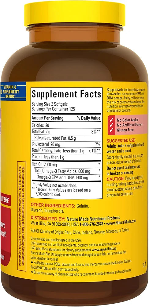 Nature Made Fish Oil Omega 3 Supplements, 2000mg Per Serving Softgels, Omega 3 Fish Oil for Healthy Heart Support, 250 Softgels, 125 Day Supply