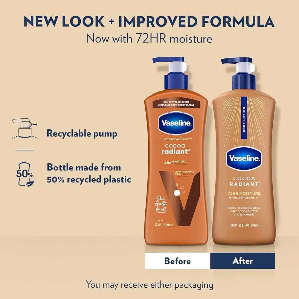 Vaseline Intensive Care Cocoa Radiant Body Lotion, 20.3 Oz (3-Pack) - Ultra-Hydrating Lipids & Pure Cocoa Butter for Dry Skin