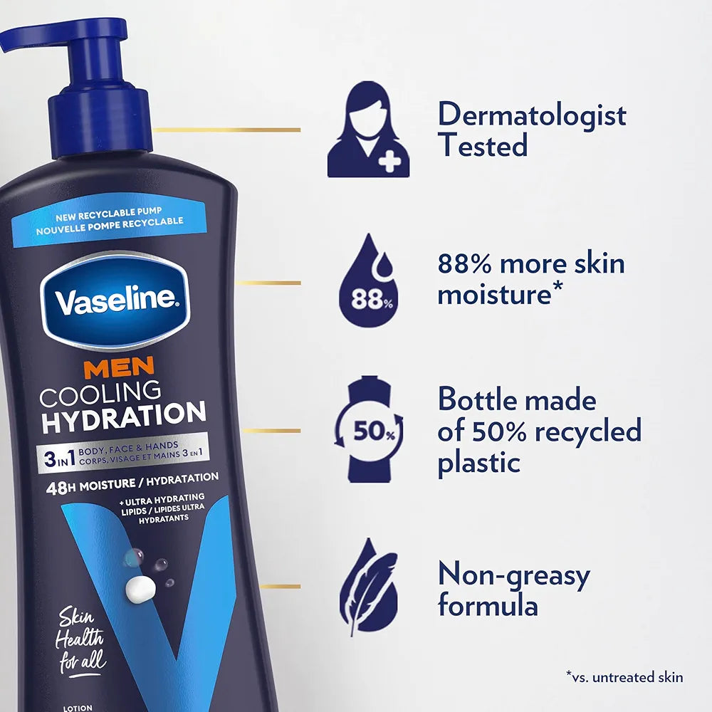 Vaseline Men Cooling Hydration 3-in-1 Lotion for Face, Hands & Body, 20.3 oz (4-Pack)