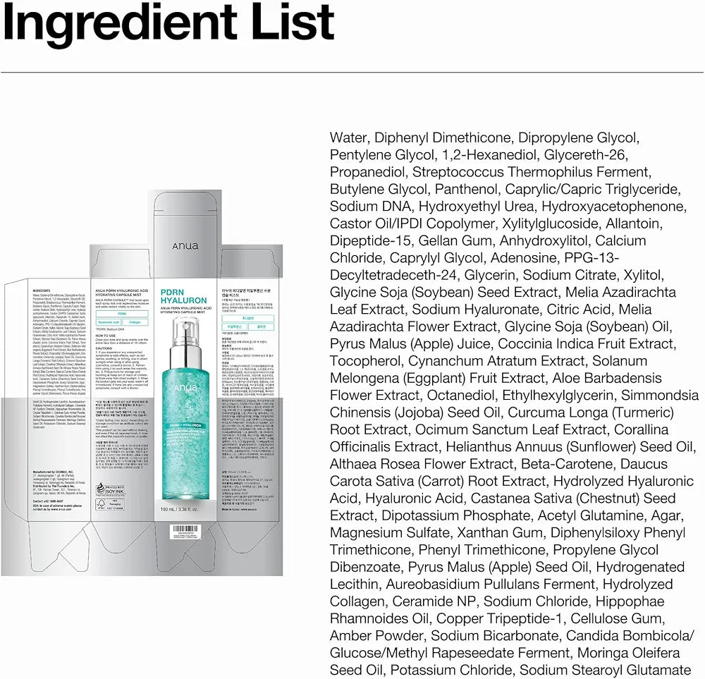 Anua PDRN Collagen Glow Facial Serum Spray - Hydrating Face Mist with Hyaluronic Acid for Dewy Glass Skin Finish, 3.38 fl oz