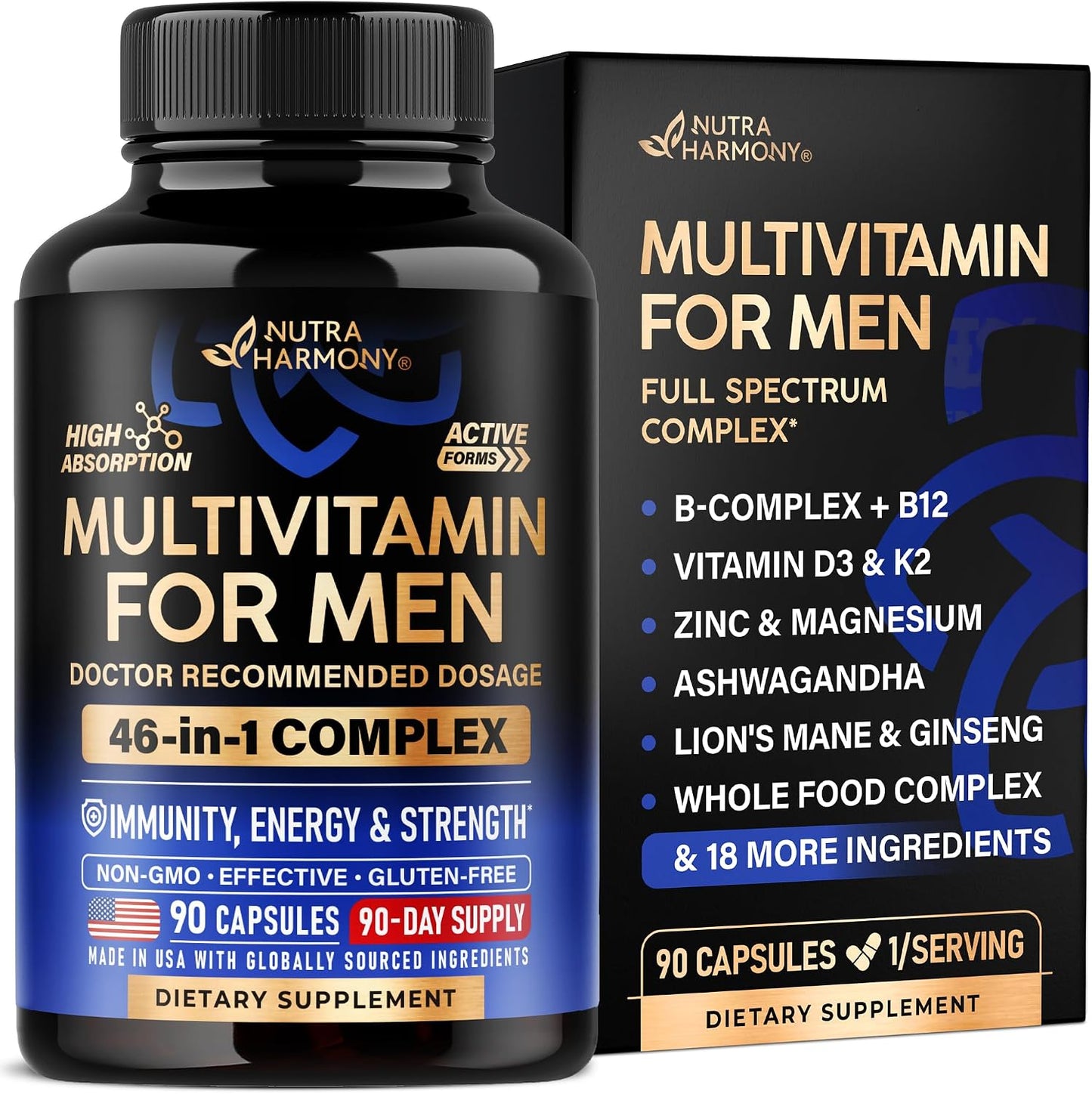 Multivitamin for Men - B-Complex & B12 | Whole Foods & Enzymes - 90 Caps | Mens Multivitamin 46in1 - Energy, Focus & Brain | Men's Health Complex - Bioavailable & Gentle on Stomach - Lab Tested, 1/Day