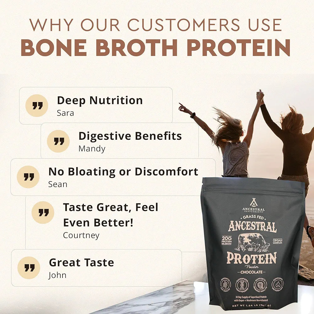 Ancestral Supplements Grass Fed Protein Powder, Chocolate, Beef Bone Broth Based w/Beef Organs & Organic Mushrooms, Gut Health Support, High Protein Supplement, 20g Protein Per Serving, 30 Day Supply