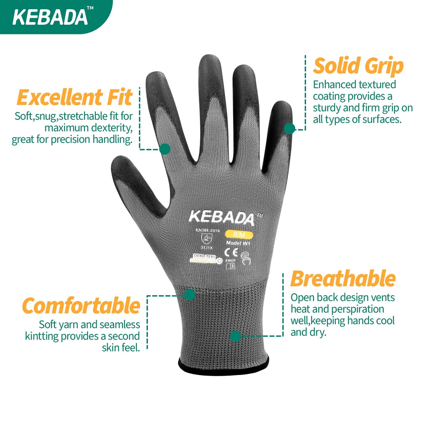 W1 Safety Work Gloves for Men & Women, Touchscreen, PU Coated | 12 Pairs, Gray, Breathable Seamless Knit, Lightweight, Secure Grip. Ideal for Warehouse, Construction, Gardening & Mechanics
