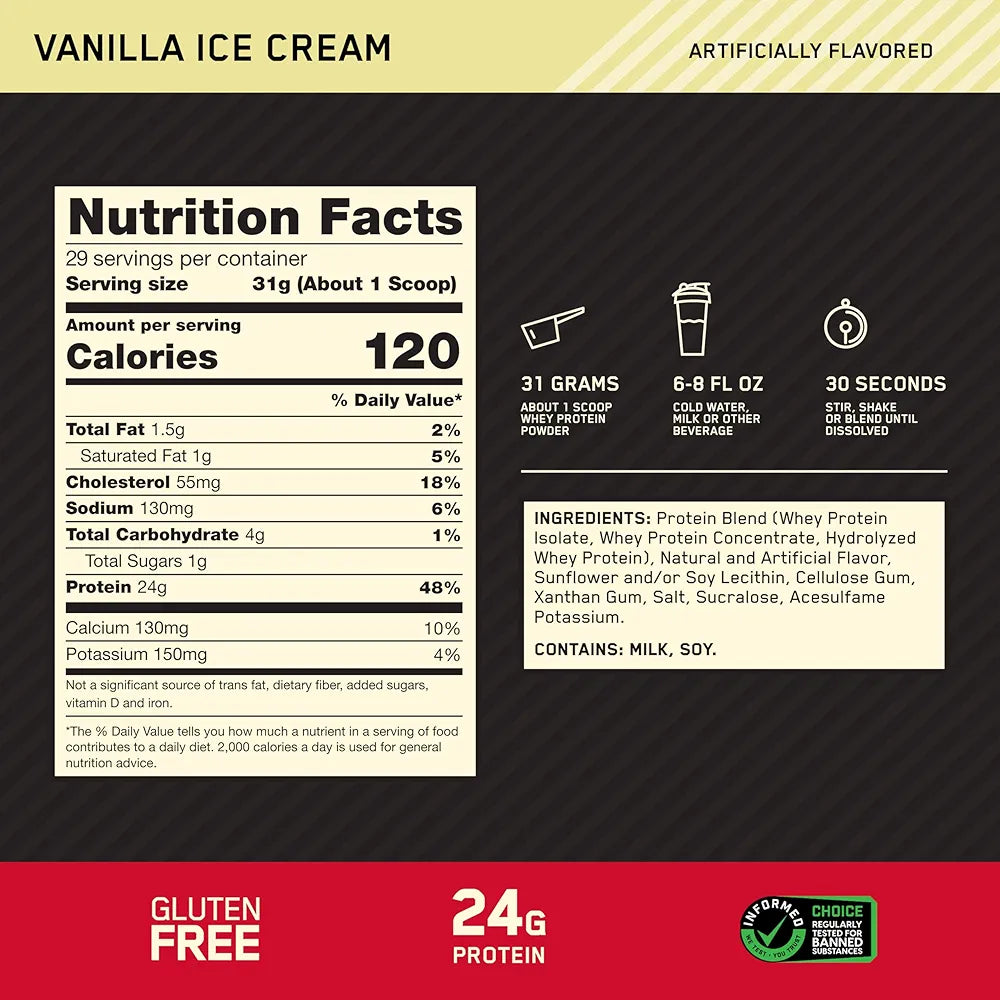 Optimum Nutrition Gold Standard 100% Whey Protein Powder, Vanilla Ice Cream, 2 Pound 