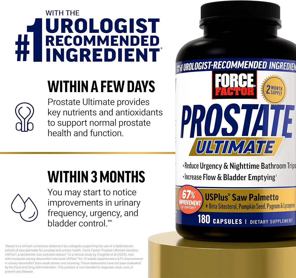 Force Factor Prostate Ultimate, Prostate Health Supplement for Men Nitric Oxide Booster, Fast-Acting Formula with L-Arginine, Boosts Nitric Oxide Levels, 120 Capsules