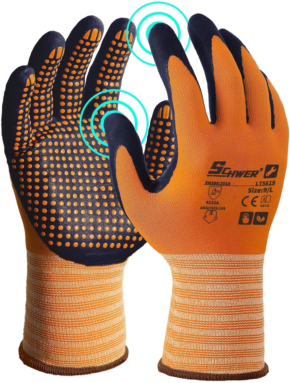 Schwer 3/6/12 Pairs Safety Work Gloves, MicroDot Abrasion & Grip, LT5619, L | Certified to Level 6 Abrasion, Strong Grip, Microfoam Nitrile Coated, Touchscreen, 3D-Comfort, A1 Cut Resistant, Gardening