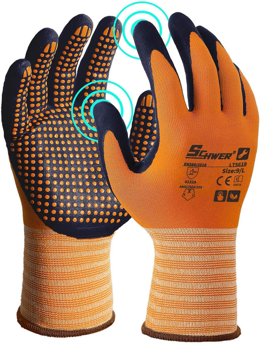 Schwer 3/6/12 Pairs Safety Work Gloves, MicroDot Abrasion & Grip, LT5619, L | Certified to Level 6 Abrasion, Strong Grip, Microfoam Nitrile Coated, Touchscreen, 3D-Comfort, A1 Cut Resistant, Gardening