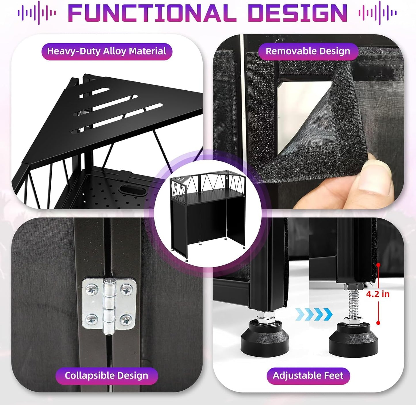 Portable DJ Booth Facade Stand, DJ Table Stand, DJ Facade Booth with White & Black Scrims, Includes Carry Bag & Two Top Corners Table, Tool-Free Setup, for Parties, Events, Studios (40"L x 20"W)
