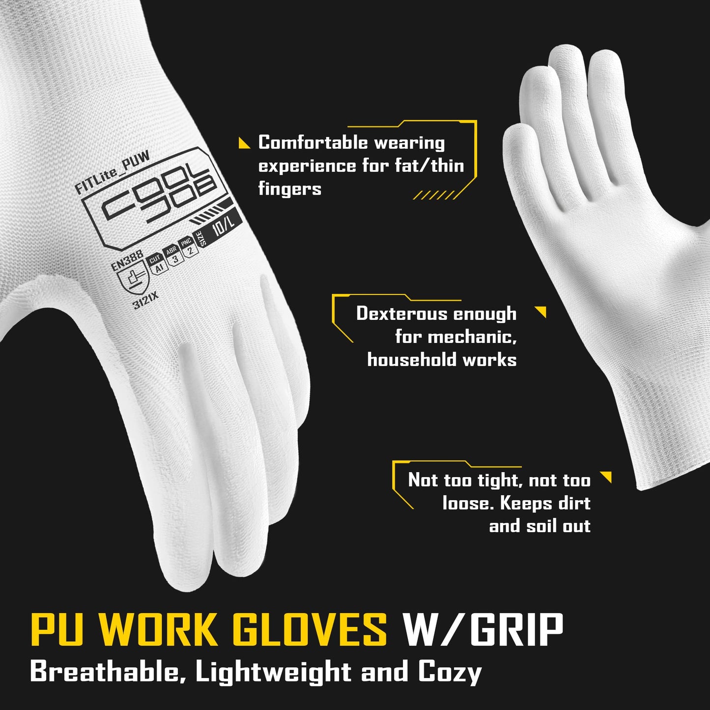 COOLJOB 12/60 Pairs Safety Work Gloves Pack Bulk with Grip PU Coating | Breathable Lightweight Gloves with Polyurethane Dipped for Men Women, 13 Gauge Seamless Knit Thin Gloves, Blue Large