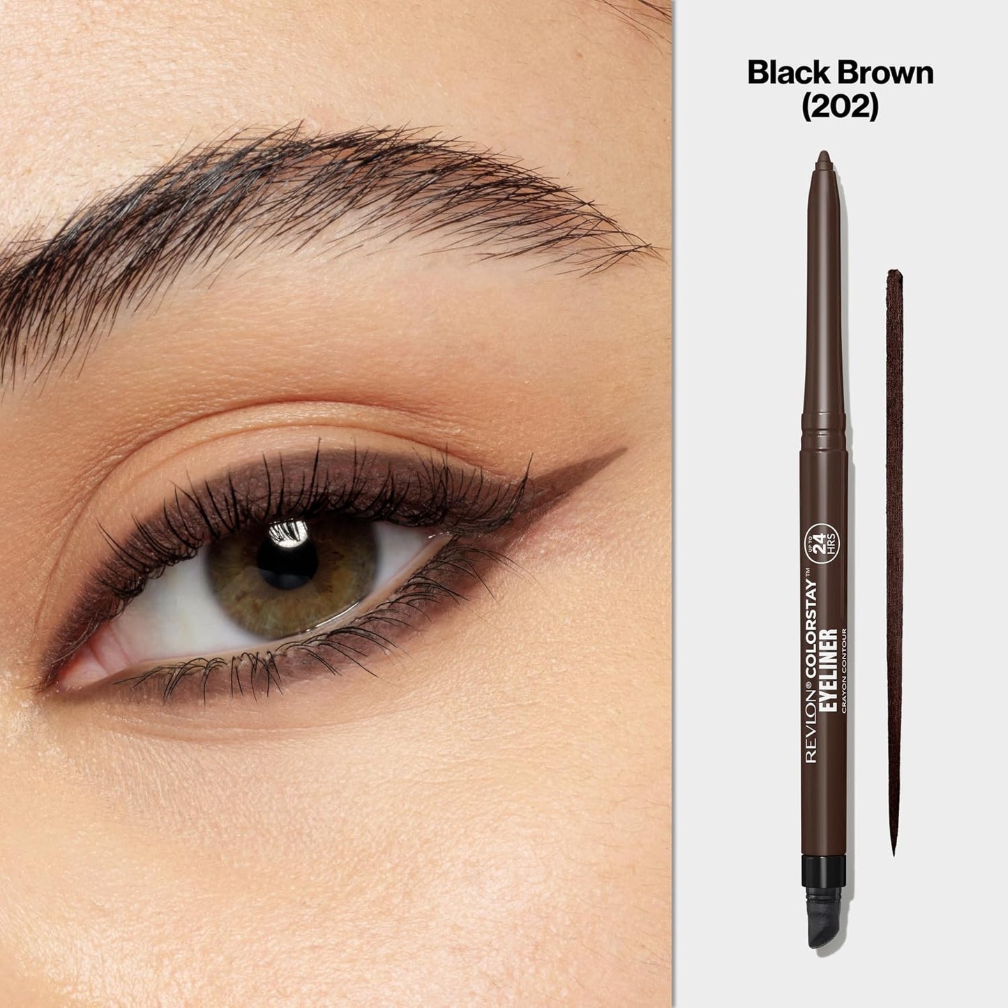 Revlon ColorStay Pencil Waterproof Eyeliner, Smudge-Proof, Eye Makeup with Built-In Sharpener, Long-Lasting, Matte Finish, 202 Black Brown, 0.01 oz | Waterproof pencil eyeliner with built-in sharpener. Smudge-proof, long-lasting, intense matte color.