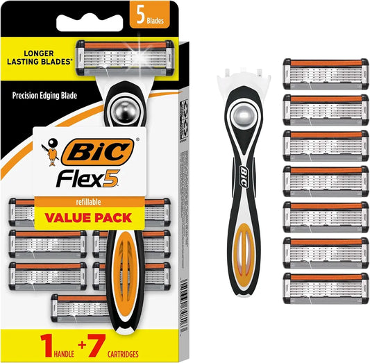 BIC Flex 5 Men's 5-Blade Refillable Razor System - 1 Handle and 7 Cartridges
