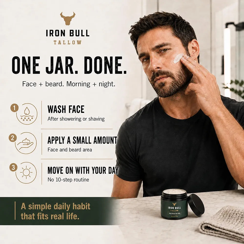 Iron Bull Beef Tallow Face Moisturizer for Men. Anti-Aging With Hyaluronic Acid for Wrinkles. Grass-Fed Beef Tallow Skin Balm & Jojoba Oil for All Skin Types. Natural Formula With a Clean Scent - 2oz
