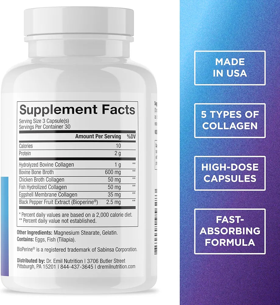 Dr. Emil Nutrition Multi Collagen - Hydrolyzed Collagen Supplement - Types I, II, III, V & X - Hair, Skin, Nails & Joint Support - Non-GMO & Gluten-Free - 90 Capsules