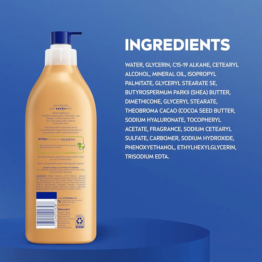 NIVEA Cocoa Butter Body Lotion for Dry Skin with Hyaluronic Acid and Deep Nourishing Serum, 72-Hour Moisturizing Formula, 16.9 Fl Oz Pump Bottle