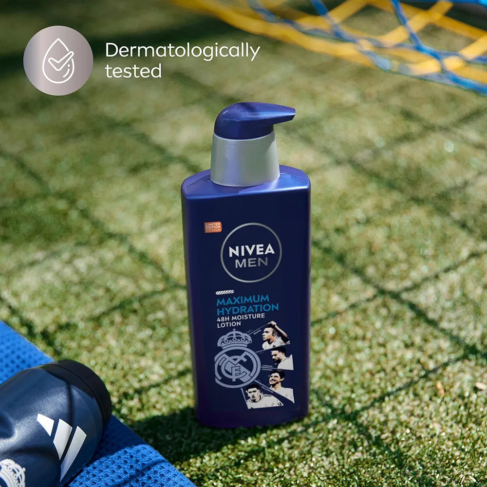 NIVEA MEN Real Madrid Limited Edition Design Maximum Hydration 48-Hour Moisture Body Lotion for Dry Skin, Aloe Vera Lotion for Men, 3-in-1 Body, Face and Hands, 16.9 Fl Oz Bottle