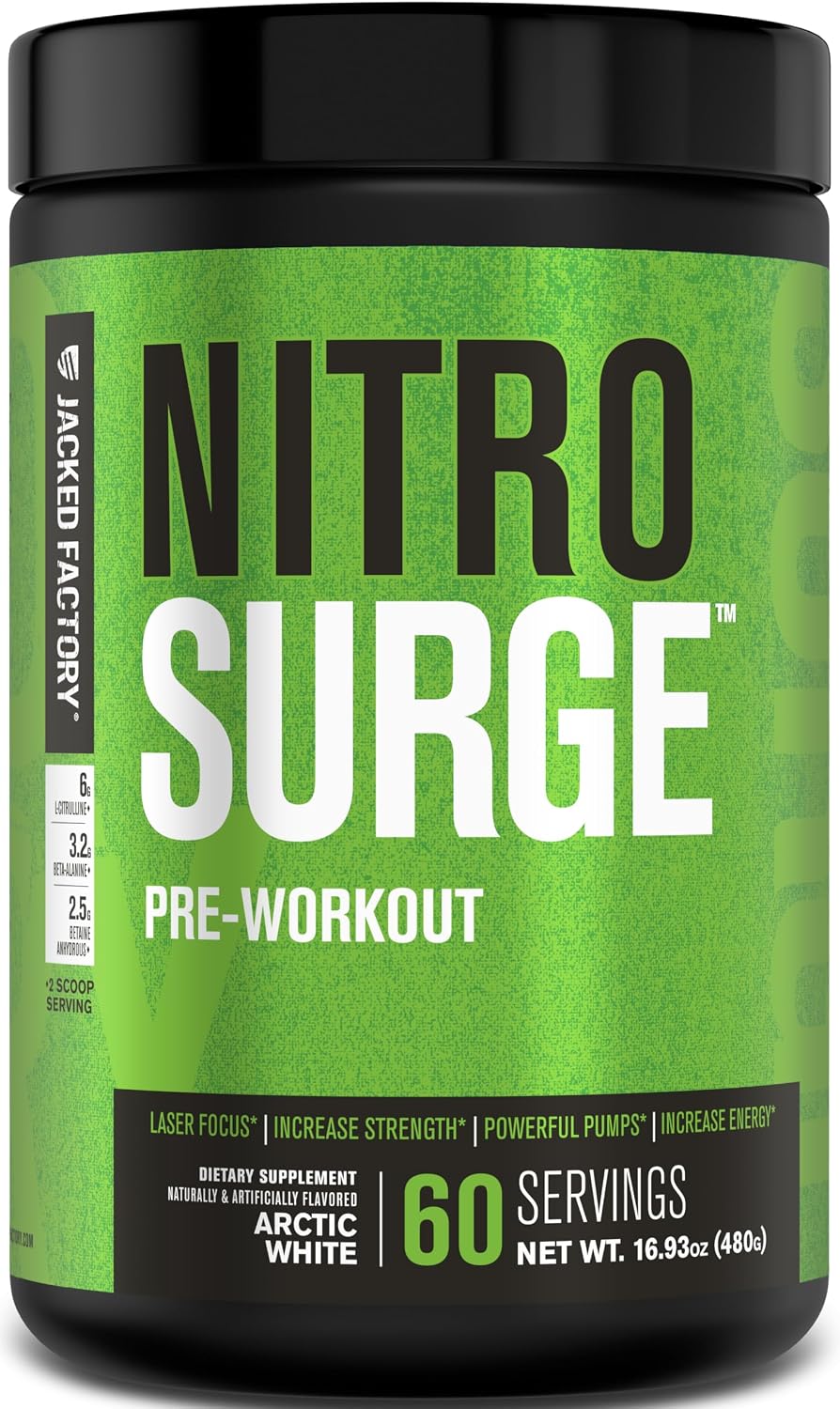 Jacked Factory NITROSURGE Pre Workout Supplement - Endless Energy, Instant Strength Gains, Clear Focus, Intense Pumps - NO Booster & Preworkout Powder with Beta Alanine - 30 Servings, Cherry Limeade