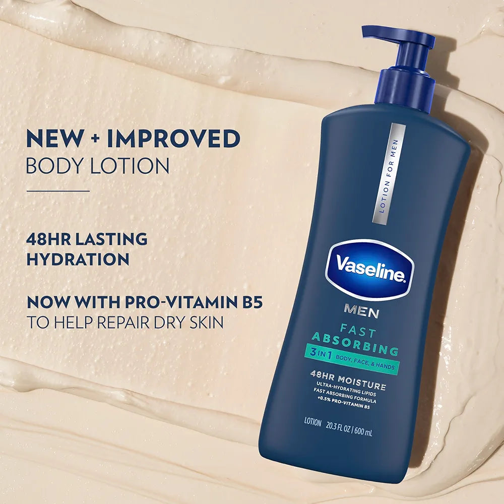 Vaseline Men's Healing Moisture Hand & Body Lotion, Fast-Absorbing & Non-Greasy for Dry Skin, 20.3 oz (Pack of 3)