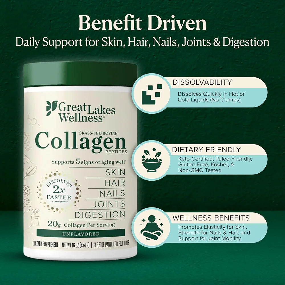 Great Lakes Wellness Collagen Peptides Powder – Supports Skin, Hair, Nails, Joints & Digestion – Hydrolyzed, Quick Dissolve, Non-GMO, Keto & Kosher – Pure Collagen Protein 