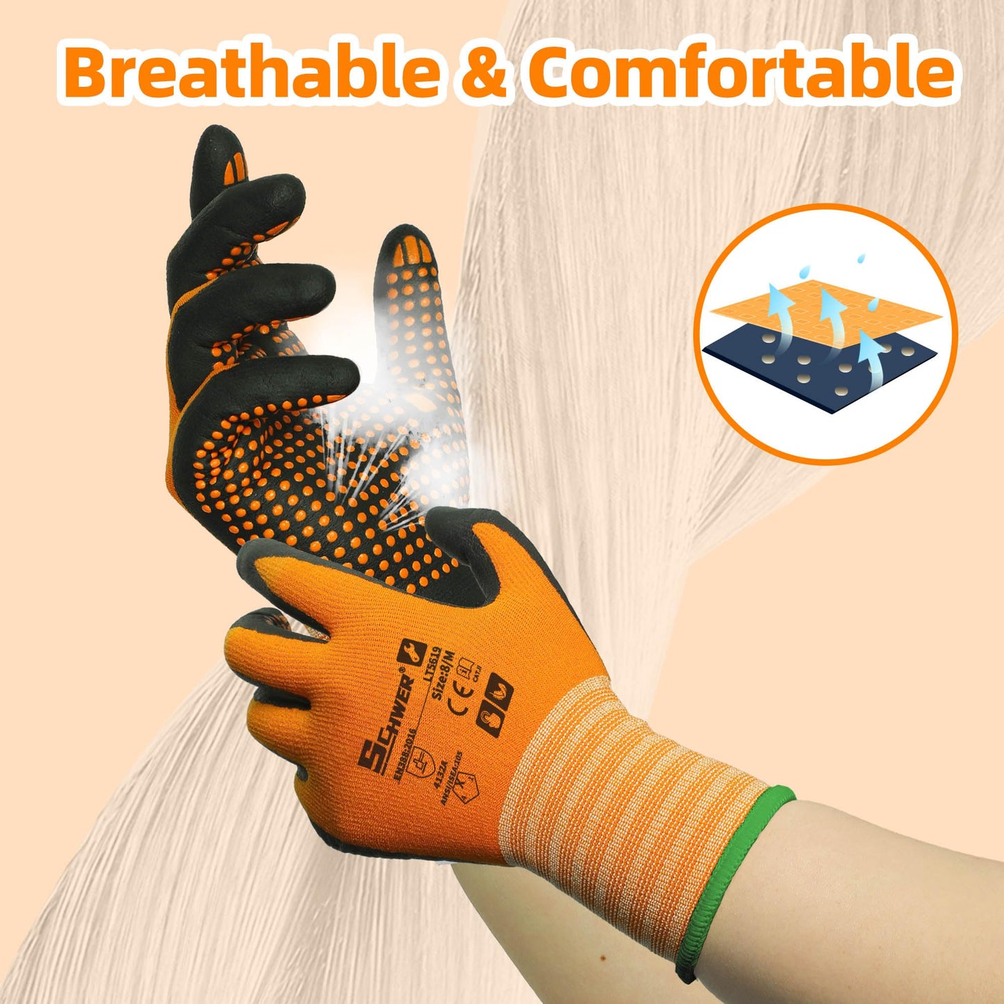 Schwer 3/6/12 Pairs Safety Work Gloves, MicroDot Abrasion & Grip, LT5619, L | Certified to Level 6 Abrasion, Strong Grip, Microfoam Nitrile Coated, Touchscreen, 3D-Comfort, A1 Cut Resistant, Gardening