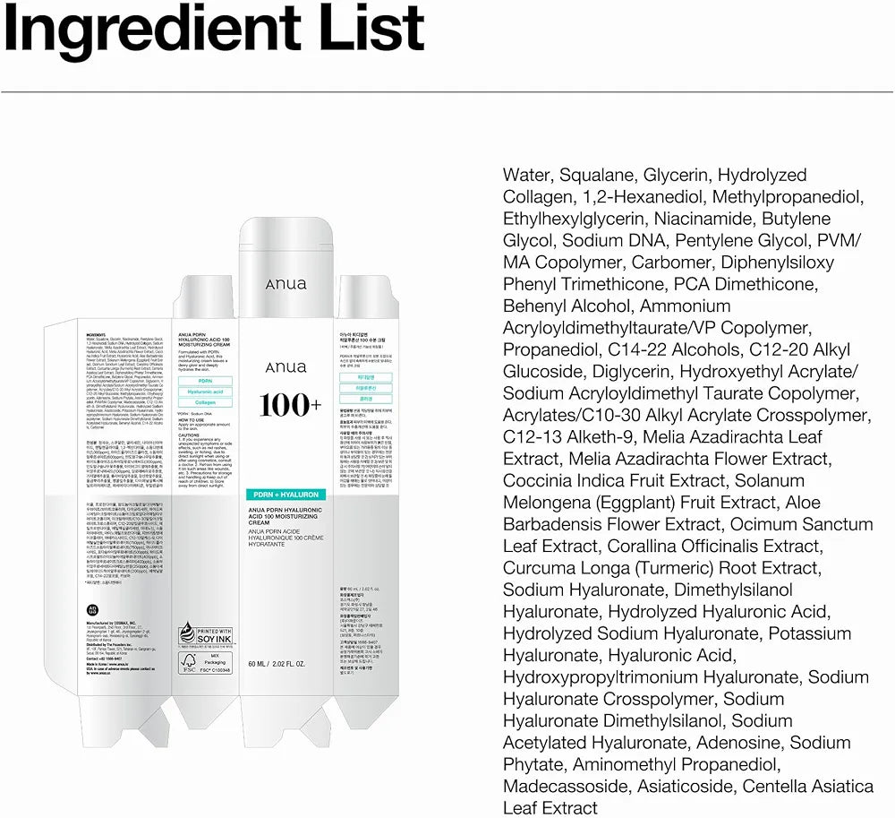 Anua PDRN Hyaluronic Acid 100 Moisturizing Cream - Lightweight Salmon DNA Hydrating Face Moisturizer for Glass Skin