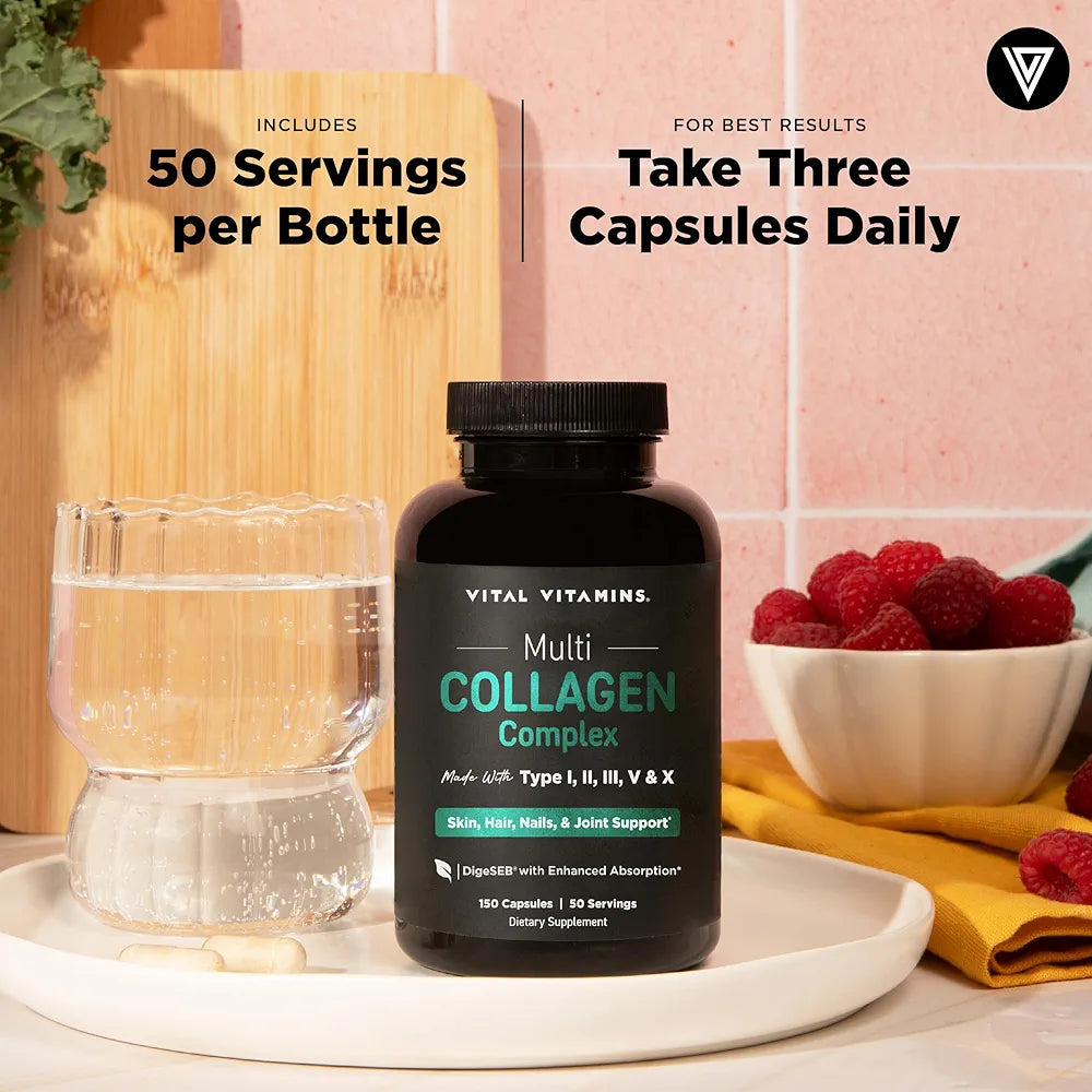 Vital Vitamins Multi Collagen Peptides Capsules for Women & Men - Type I, II, III, V, X Collagen Supplements - Grass-Fed, Non-GMO - 150 Pills