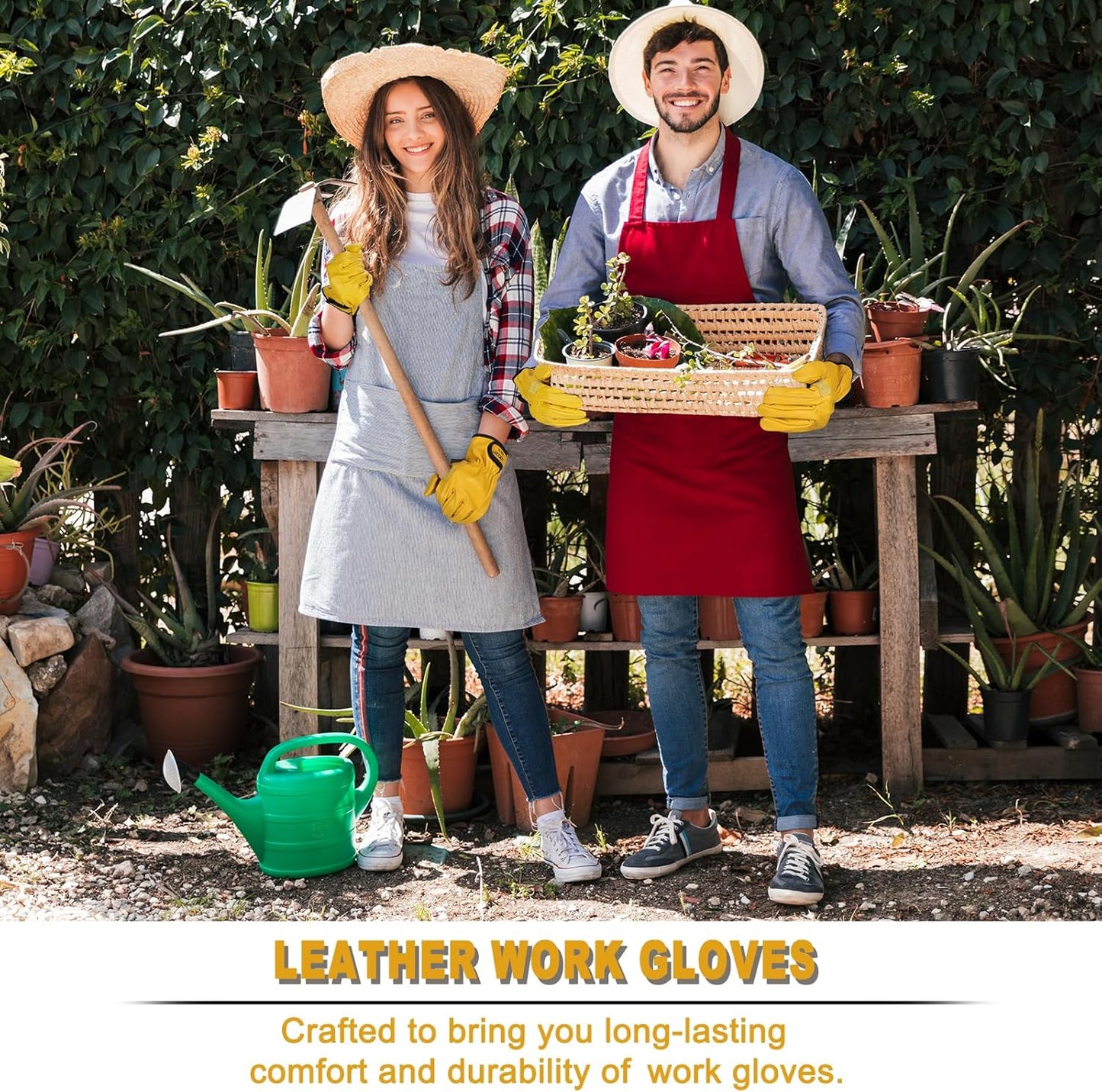 2 Pairs Leather Work Gloves for Men Women Cowhide Utility | Elastic snug wrist cuff, touchscreen, tear resistant, for mechanics, construction, trucking, landscaping, warehouse