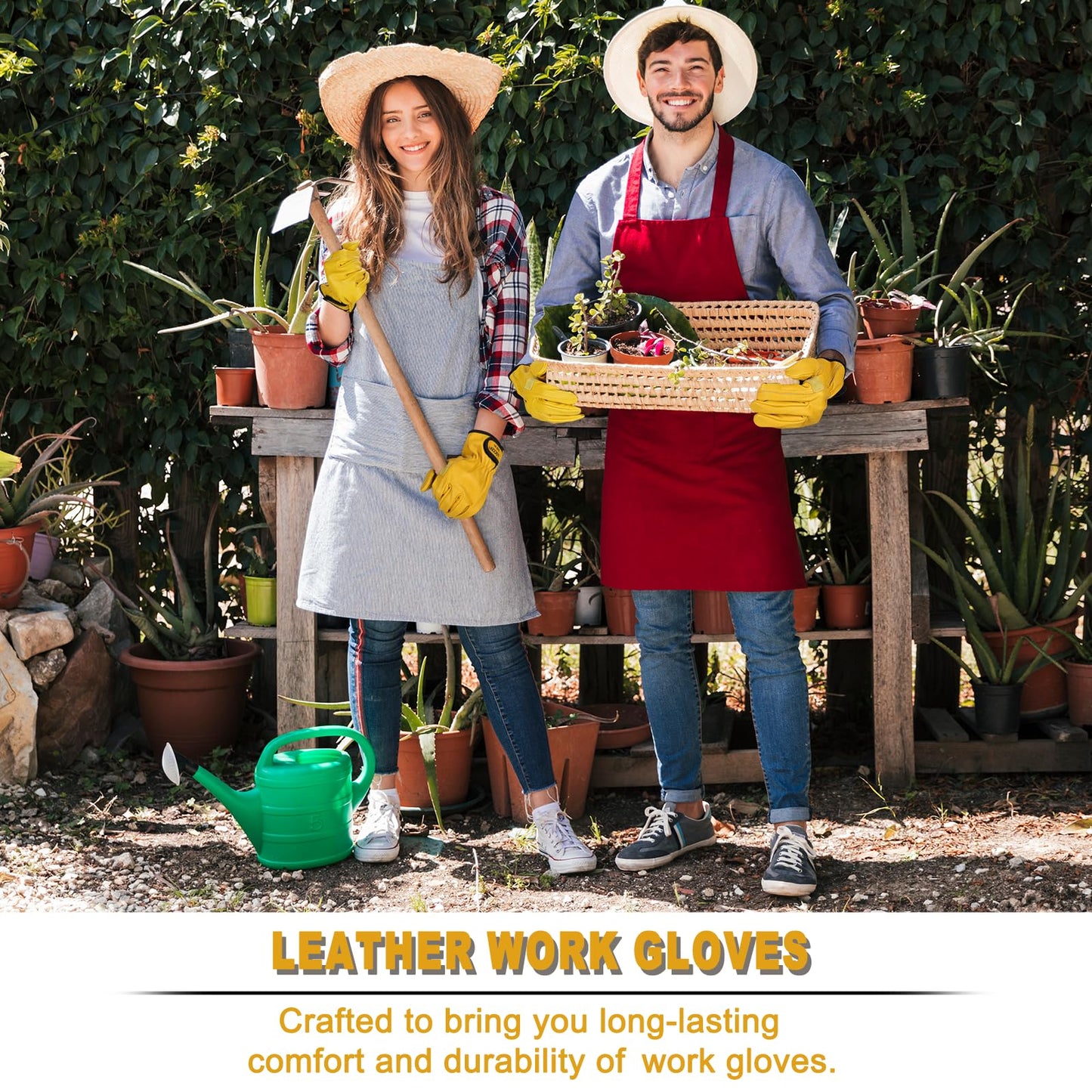 2 Pairs Leather Work Gloves for Men Women Cowhide Utility | Elastic snug wrist cuff, touchscreen, tear resistant, for mechanics, construction, trucking, landscaping, warehouse