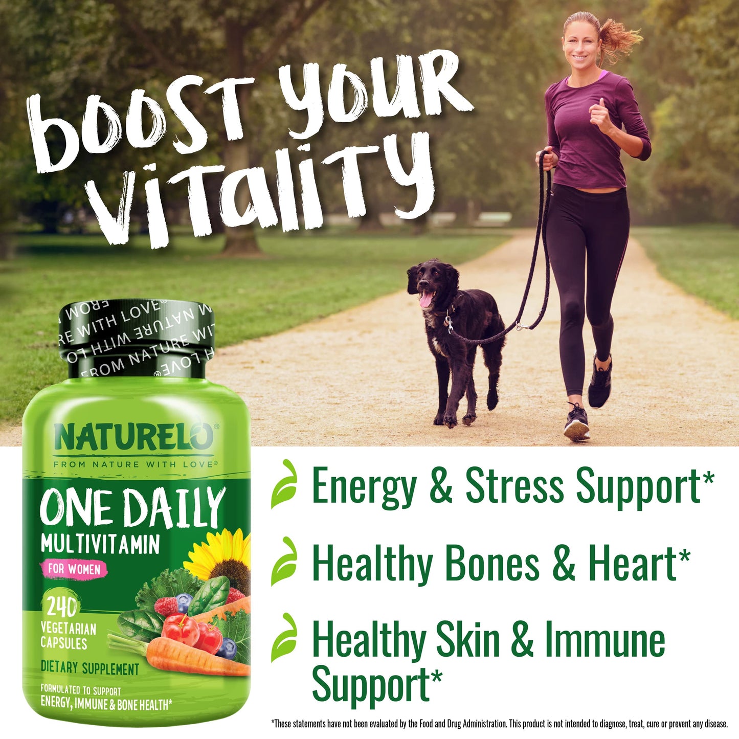 NATURELO One Daily Multivitamin for Women w/Vitamin B12, 120 Ct, Energy Support, Whole Food Daily Women Multivitamin Supplement, Nourish Hair/Skin/Nail, Non-GMO, No Soy, Gluten Free, 4 Month Supply