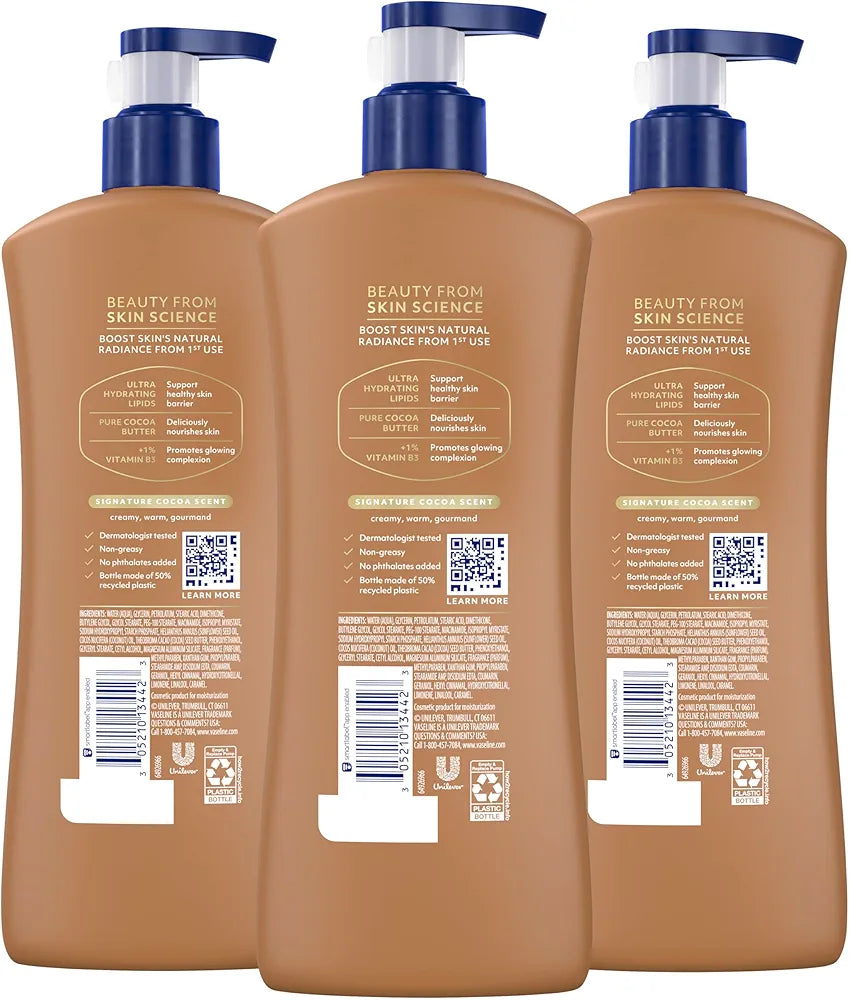 Vaseline Intensive Care Cocoa Radiant Body Lotion, 20.3 Oz (3-Pack) - Ultra-Hydrating Lipids & Pure Cocoa Butter for Dry Skin