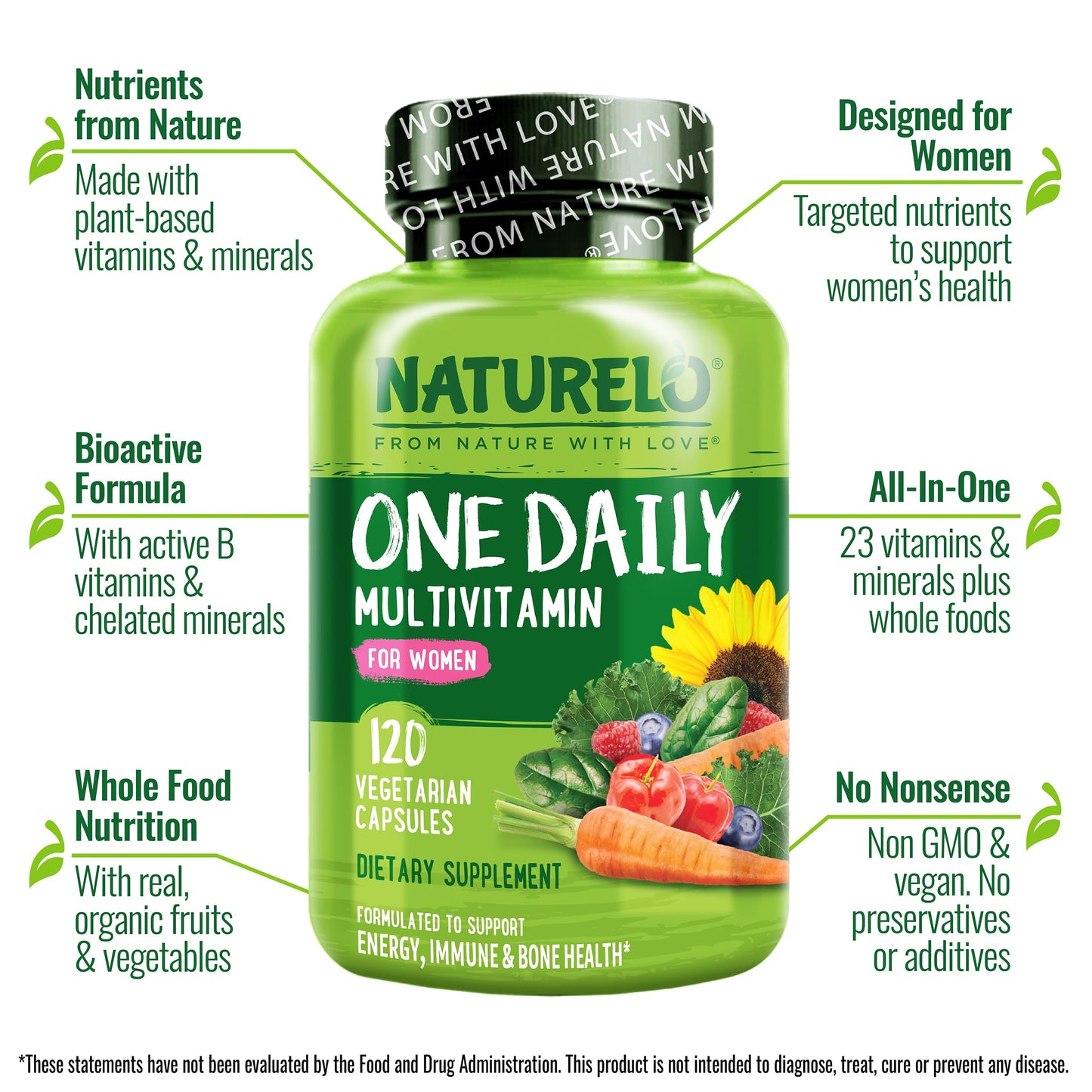 NATURELO One Daily Multivitamin for Women w/Vitamin B12, 120 Ct, Energy Support, Whole Food Daily Women Multivitamin Supplement, Nourish Hair/Skin/Nail, Non-GMO, No Soy, Gluten Free, 4 Month Supply