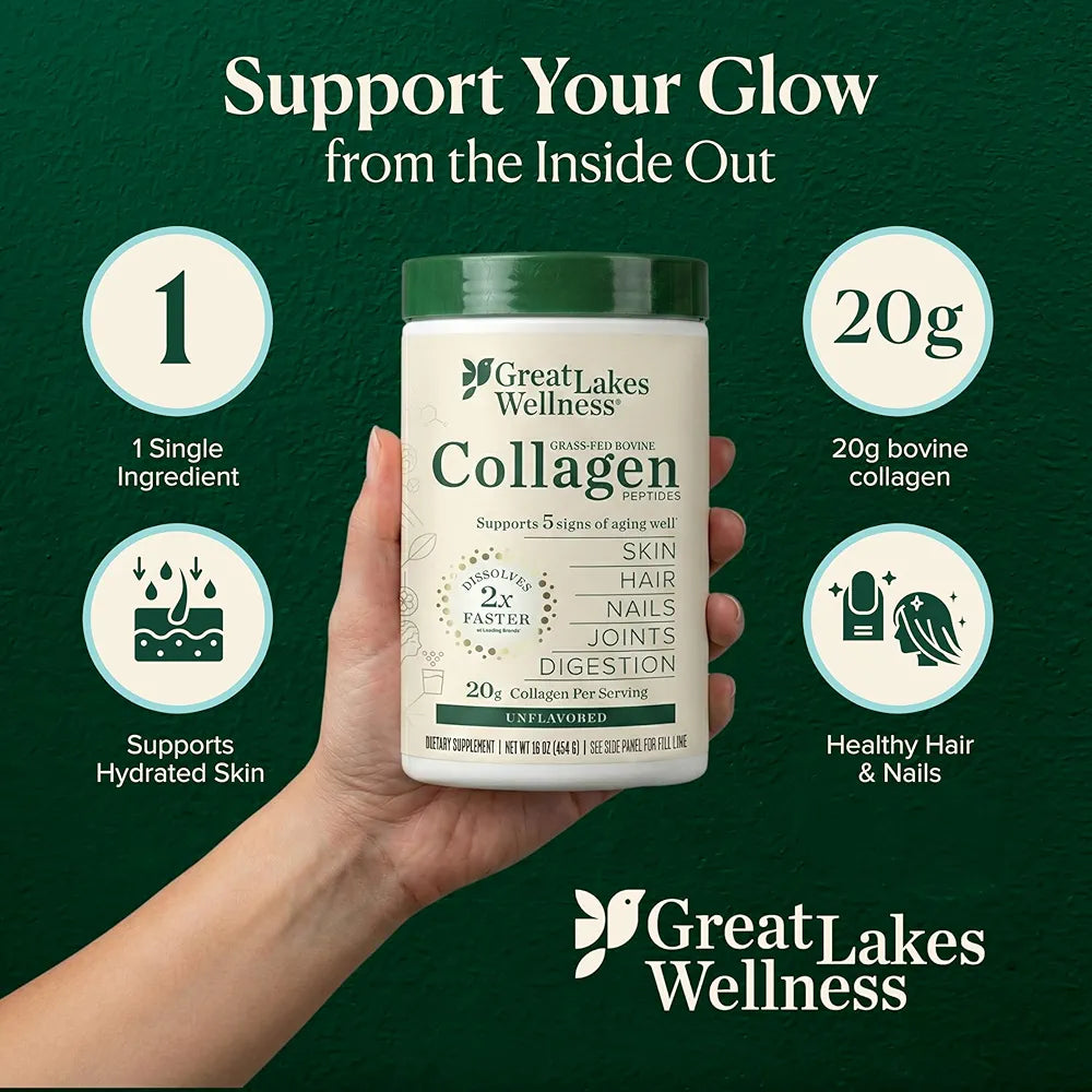 Great Lakes Wellness Collagen Peptides Powder – Supports Skin, Hair, Nails, Joints & Digestion – Hydrolyzed, Quick Dissolve, Non-GMO, Keto & Kosher – Pure Collagen Protein 