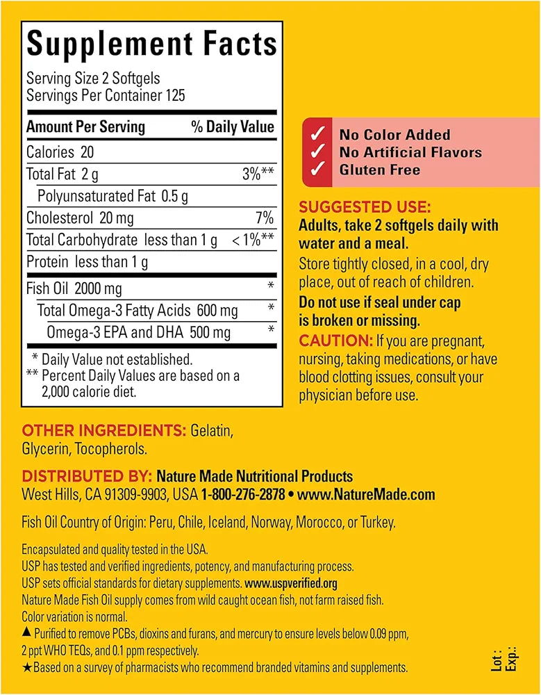 Nature Made Fish Oil Omega 3 Supplements, 2000mg Per Serving Softgels, Omega 3 Fish Oil for Healthy Heart Support, 250 Softgels, 125 Day Supply