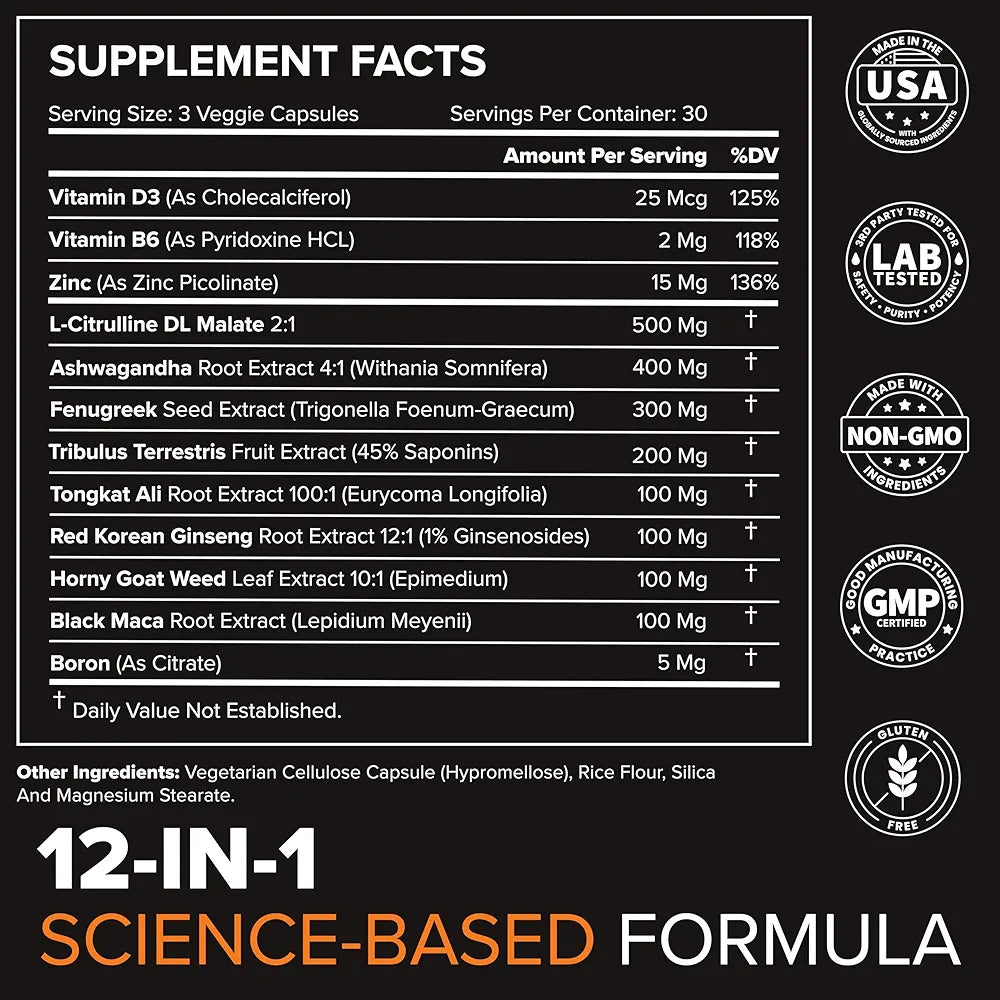 Peak Potential 12-in-1 Testosterone Support for Men – Fenugreek, Ashwagandha & Tongkat Ali – Natural Strength, Energy & Muscle Builder – 90 Capsules