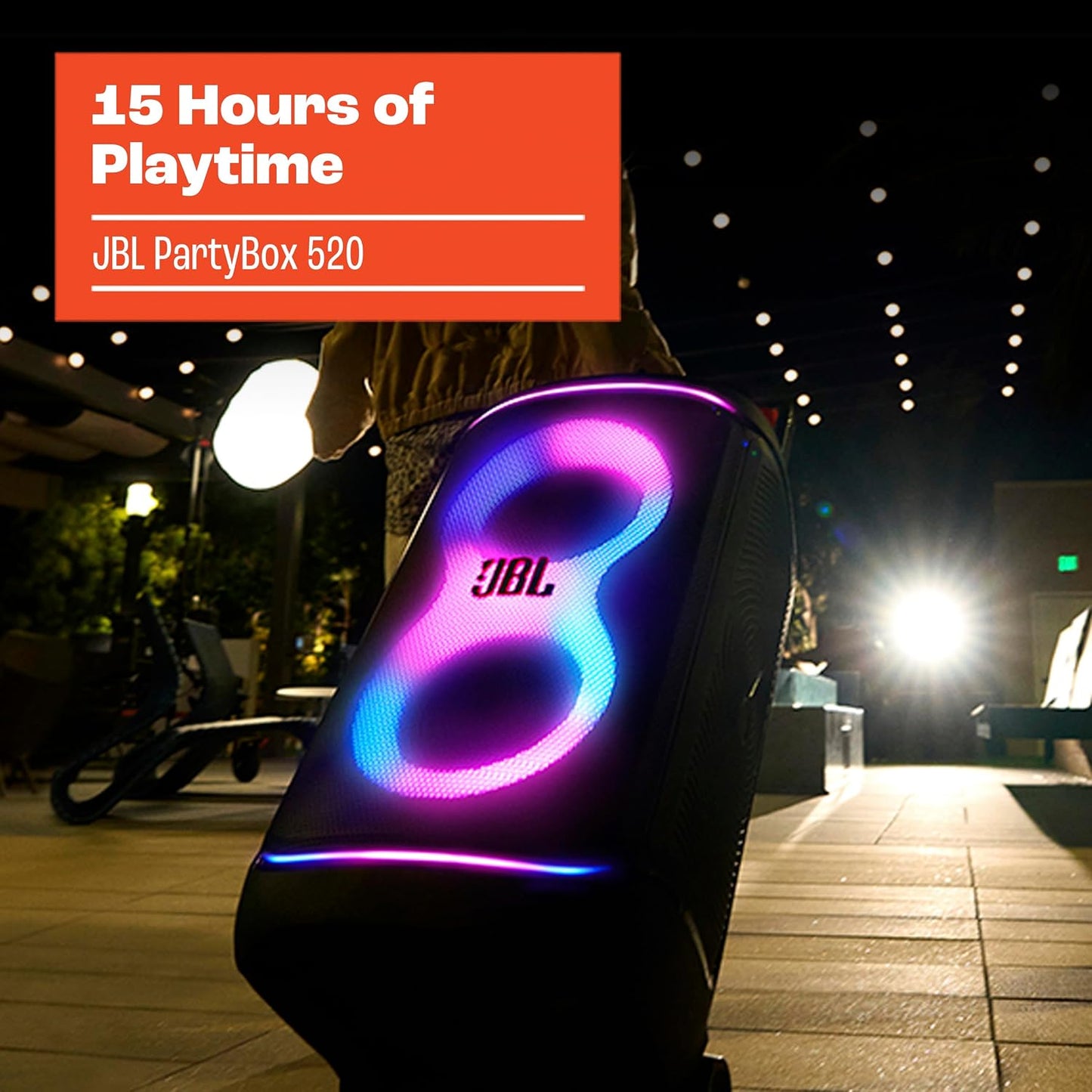 JBL PartyBox 520 Portable Party Speaker with AI Sound Boost - Black | Up To 15 Hours Playtime, Replaceable Battery, Auracast Stereo Linking, Telescopic Handle And Wheels, Mic And Guitar Inputs