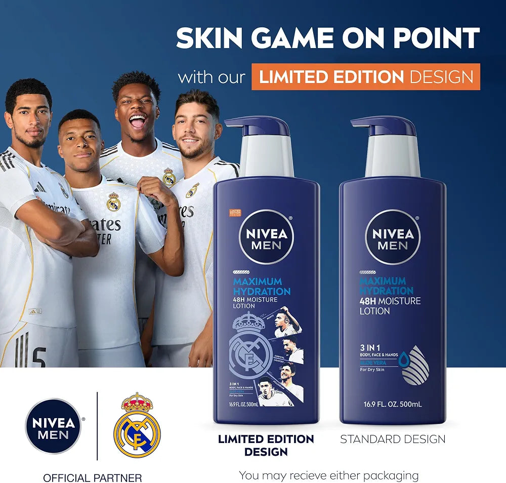 NIVEA MEN Real Madrid Limited Edition Design Maximum Hydration 48-Hour Moisture Body Lotion for Dry Skin, Aloe Vera Lotion for Men, 3-in-1 Body, Face and Hands, 16.9 Fl Oz Bottle