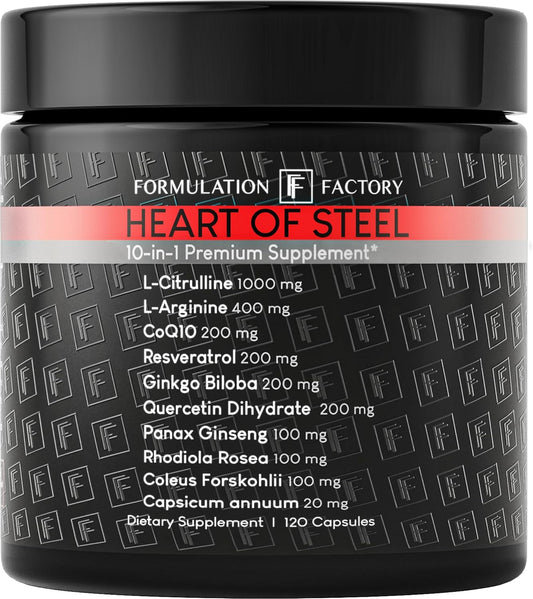 Formulation Factory Heart of Steel Nitric Oxide Supplements for Men & Women, Nitric Oxide Booster for Blood Flow & Circulation with L-Citrulline 1000mg, L-Arginine, CoQ10 & Resveratrol - 120 Capsules