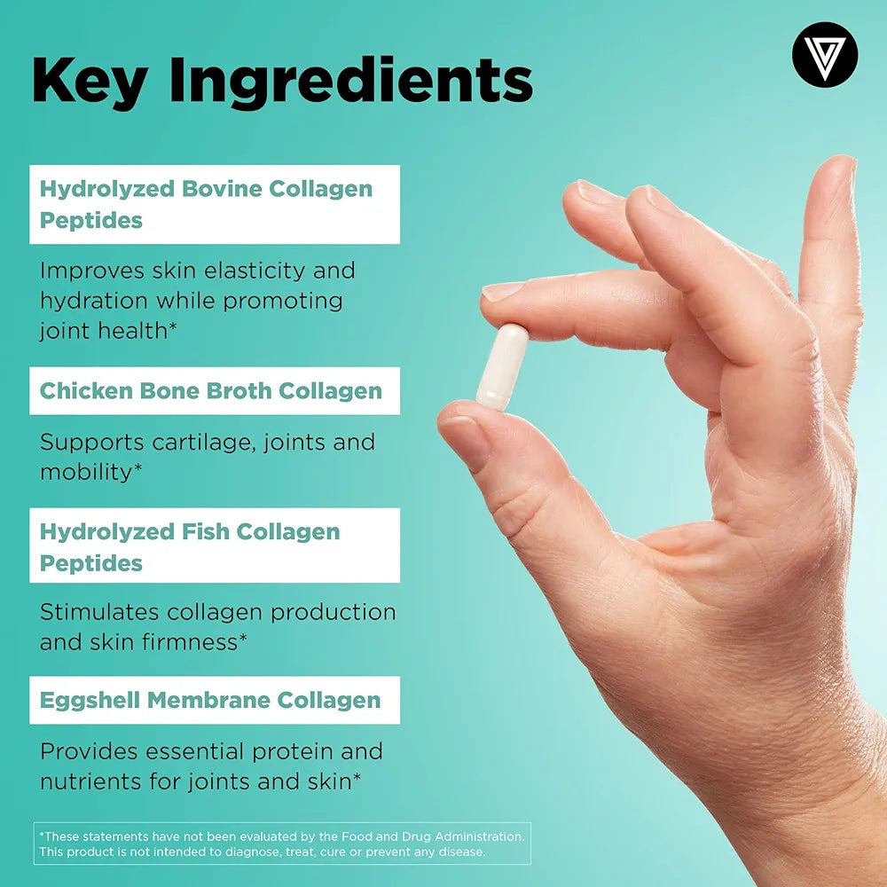 Vital Vitamins Multi Collagen Peptides Capsules for Women & Men - Type I, II, III, V, X Collagen Supplements - Grass-Fed, Non-GMO - 150 Pills