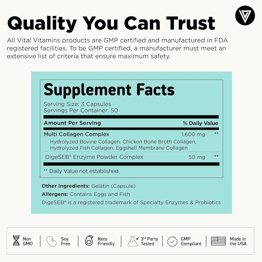 Vital Vitamins Multi Collagen Peptides Capsules for Women & Men - Type I, II, III, V, X Collagen Supplements - Grass-Fed, Non-GMO - 150 Pills