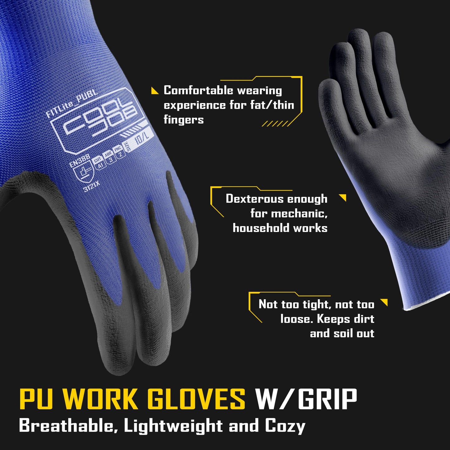 COOLJOB 12/60 Pairs Safety Work Gloves Pack Bulk with Grip PU Coating | Breathable Lightweight Gloves with Polyurethane Dipped for Men Women, 13 Gauge Seamless Knit Thin Gloves, Blue Large