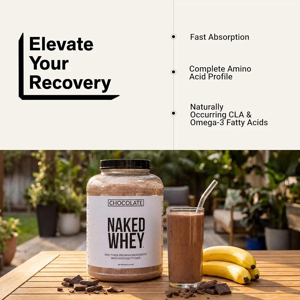 NAKED Whey Protein Supplement Powder, Chocolate, NSF Certified, GMO Free, Soy Free, Gluten Free Aid Muscle Growth and Recovery 60 Servings, 5 Ib