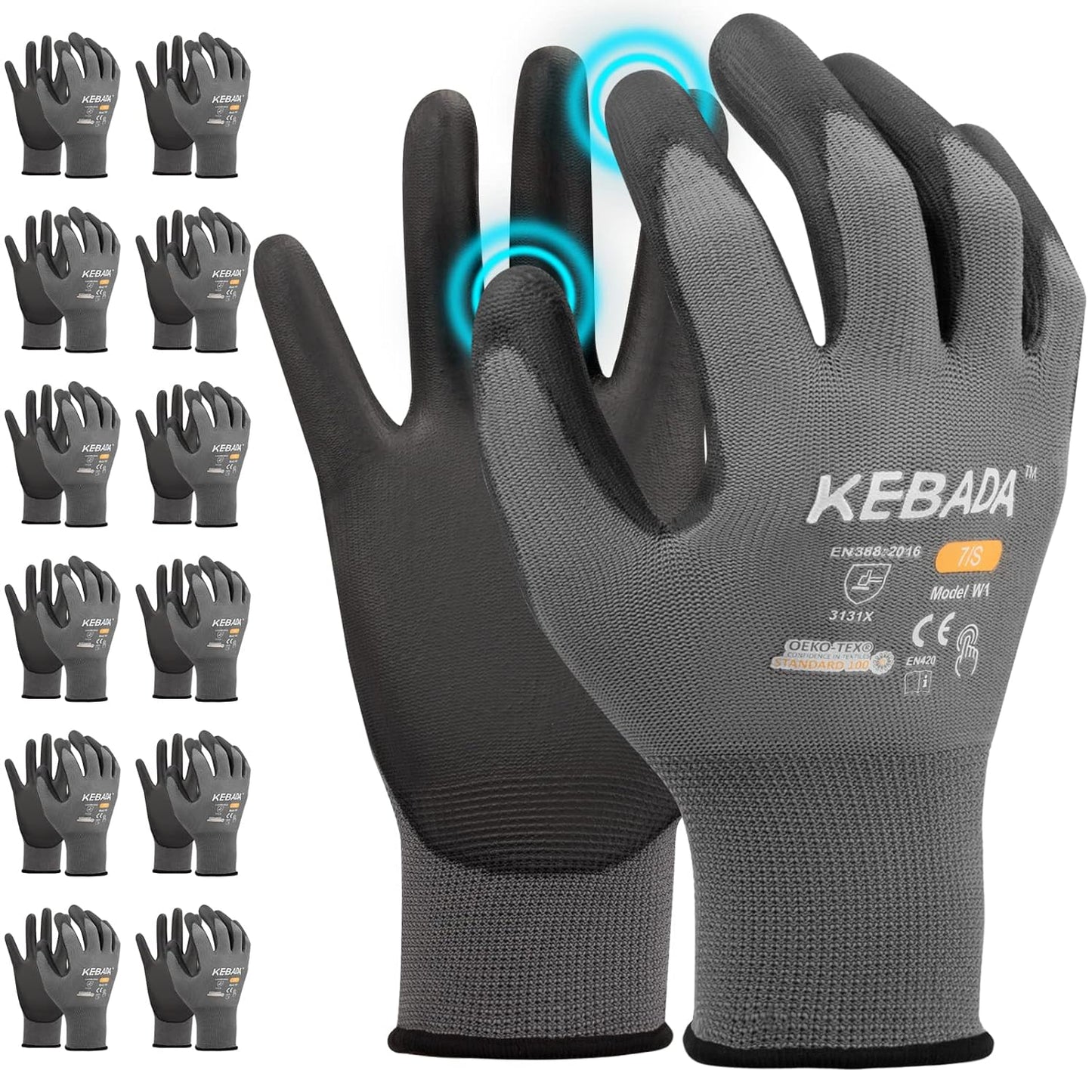 W1 Safety Work Gloves for Men & Women, Touchscreen, PU Coated | 12 Pairs, Gray, Breathable Seamless Knit, Lightweight, Secure Grip. Ideal for Warehouse, Construction, Gardening & Mechanics