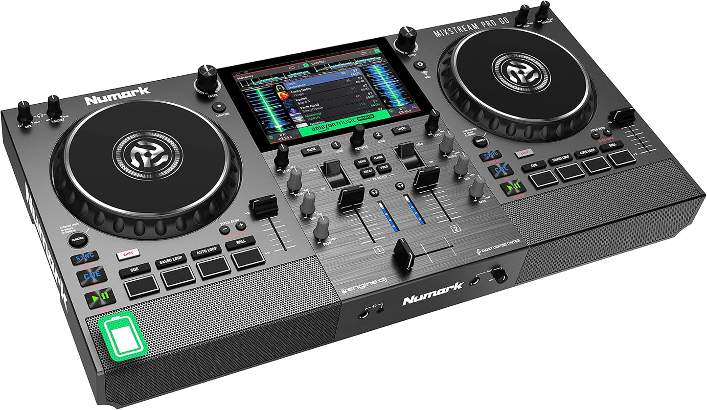 Numark Mixstream Pro Go Portable DJ Controller | Battery-Powered Standalone DJ Mixer with Stem Separation, Wi-Fi Streaming, Built-In Speakers, and 7" Touchscreen