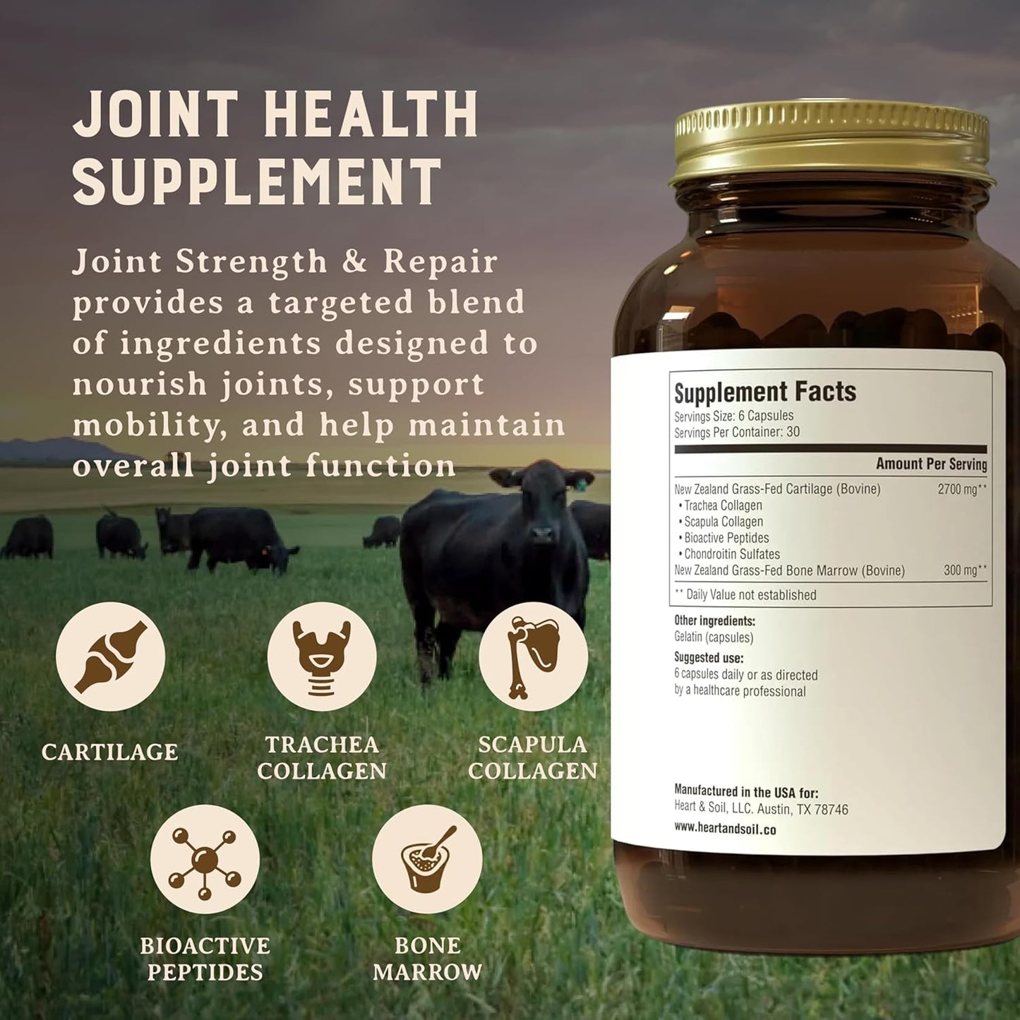 HEART & SOIL Joint Support Supplement, 180 Capsules | 100% grass fed & finished from regenerative cattle with trachea, scapula & bone marrow. Supports joint strength & mobility.