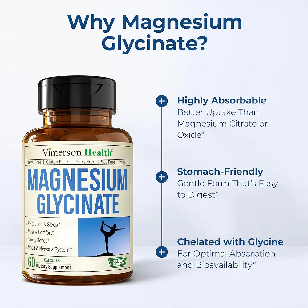 Vimerson Health Magnesium Glycinate 200mg for Sleep, Relaxation & Muscle Support – Chelated, Bioavailable, Vegan and Gentle on Stomach – 60 Capsules