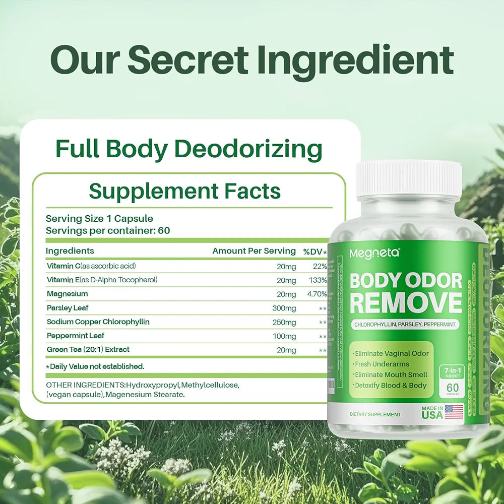 Body Deodorizing Supplement, Natural Internal Odor Control Pills for Men & Women, Chlorophyll Capsules for Skin, Breath and Gut Health 
