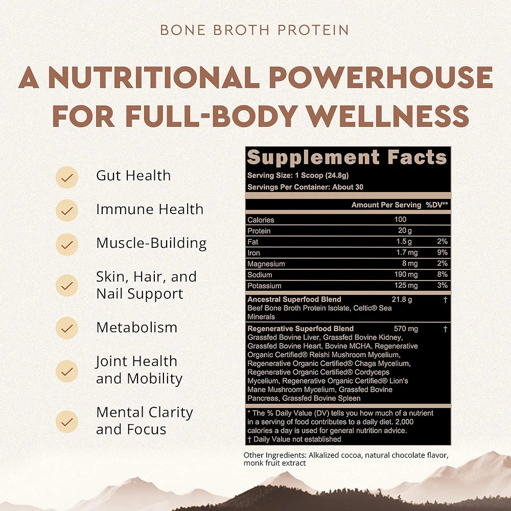 Ancestral Supplements Grass Fed Protein Powder, Chocolate, Beef Bone Broth Based w/Beef Organs & Organic Mushrooms, Gut Health Support, High Protein Supplement, 20g Protein Per Serving, 30 Day Supply