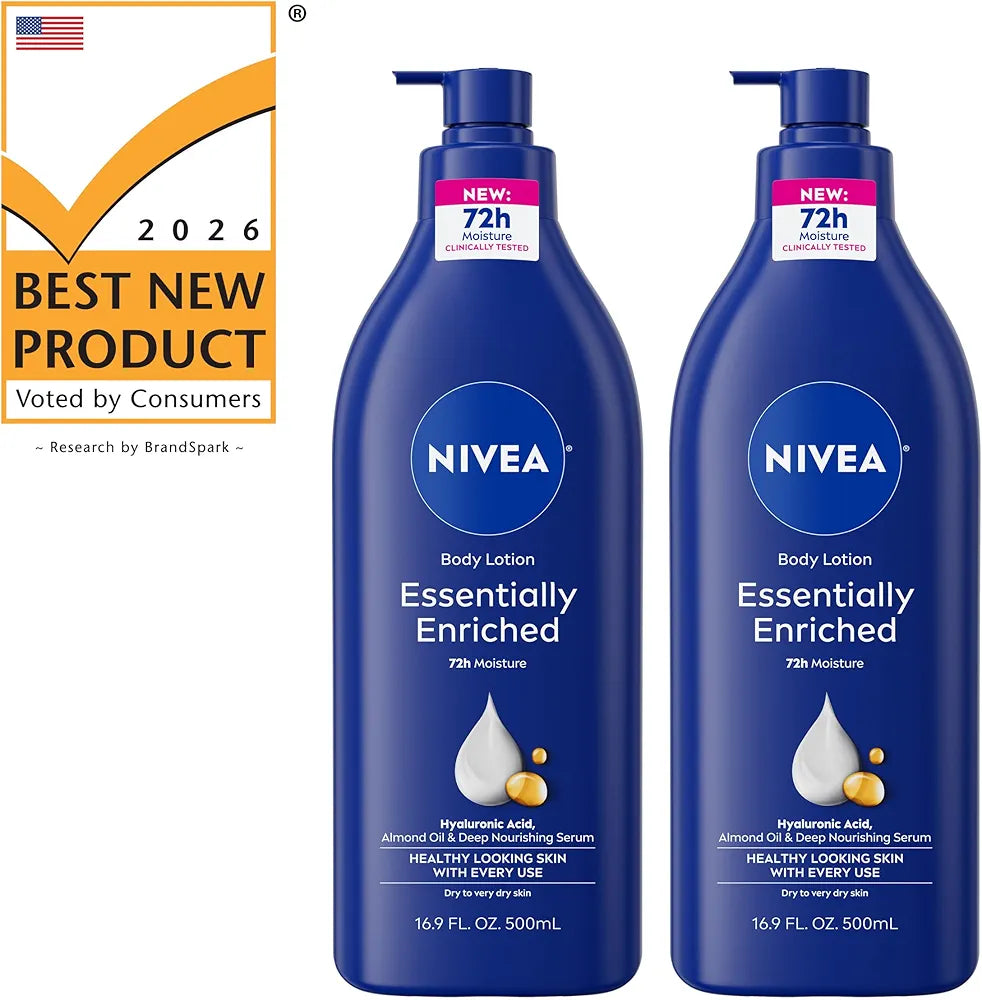 NIVEA Essentially Enriched Body Lotion for Very Dry Skin, 72-Hour Deep Nourishing Moisturizer with Hyaluronic Acid & Almond Oil, 16.9 Fl Oz Pump Bottle, 2-Pack