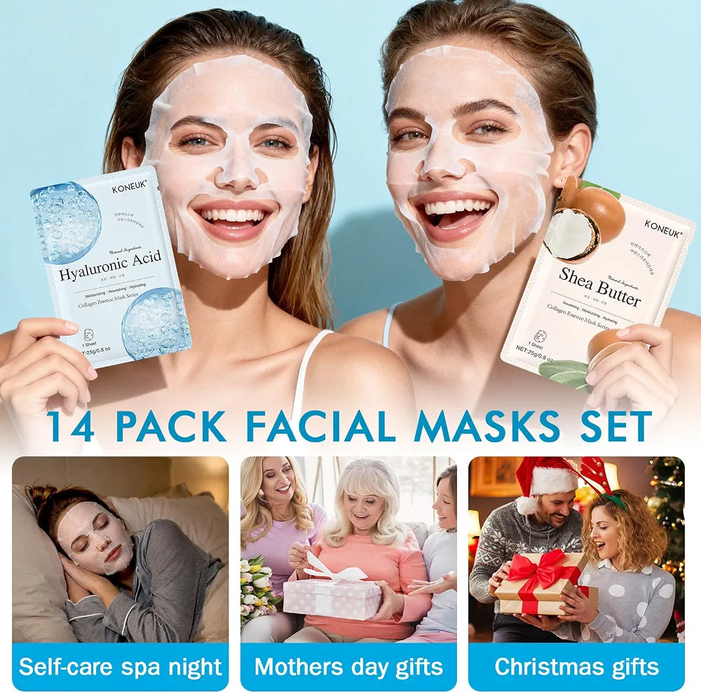 KONEUK 14-Pack Hydrating Sheet Face Mask Set for Dry Skin - Bulk Facial Spa Skincare Gift for Women