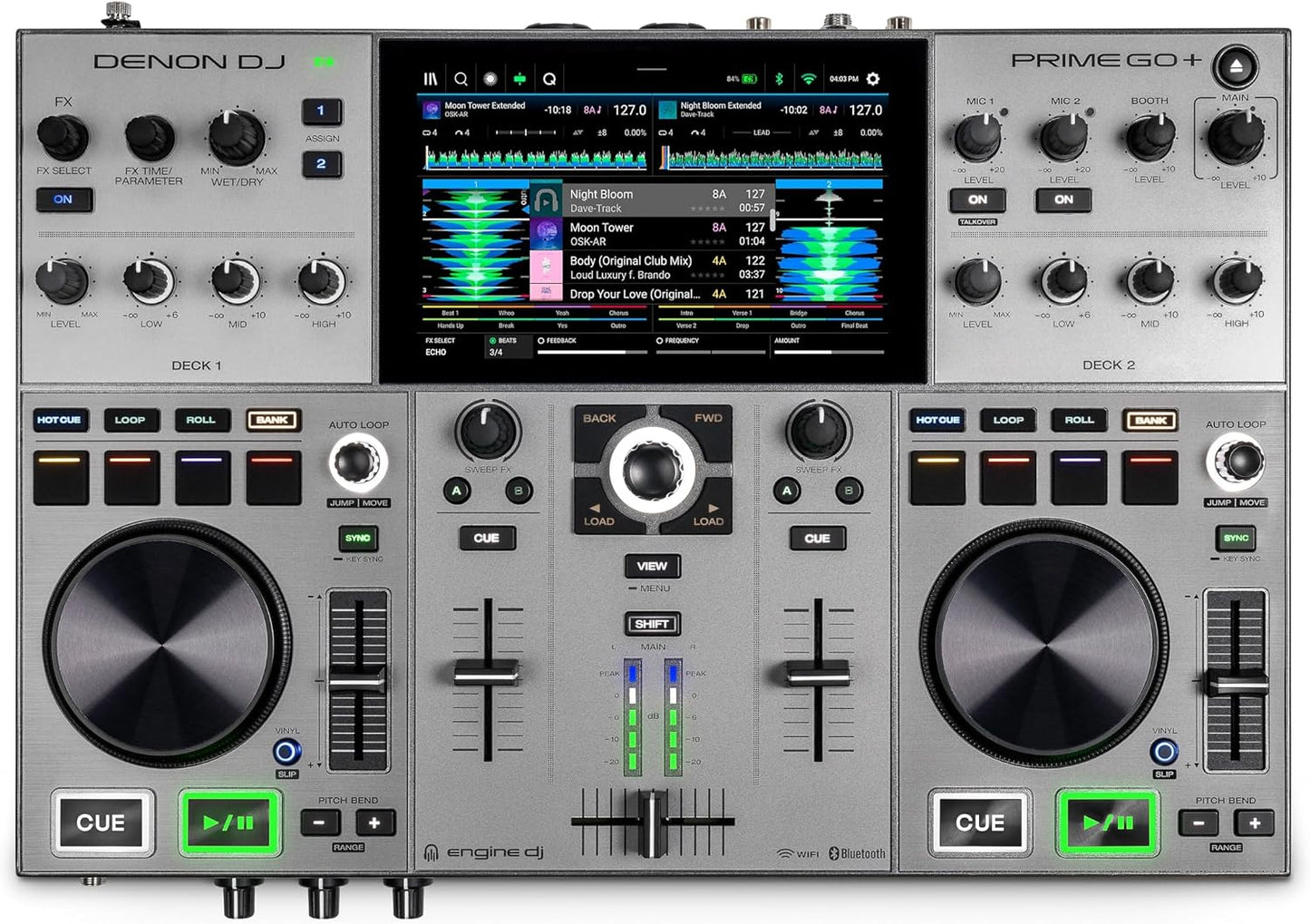 Denon DJ PRIME GO+ Standalone Portable DJ Controller | 2-Deck Mixer with Stem Separation, Wi-Fi, Bluetooth, Lighting Control, 7" Screen, and Battery