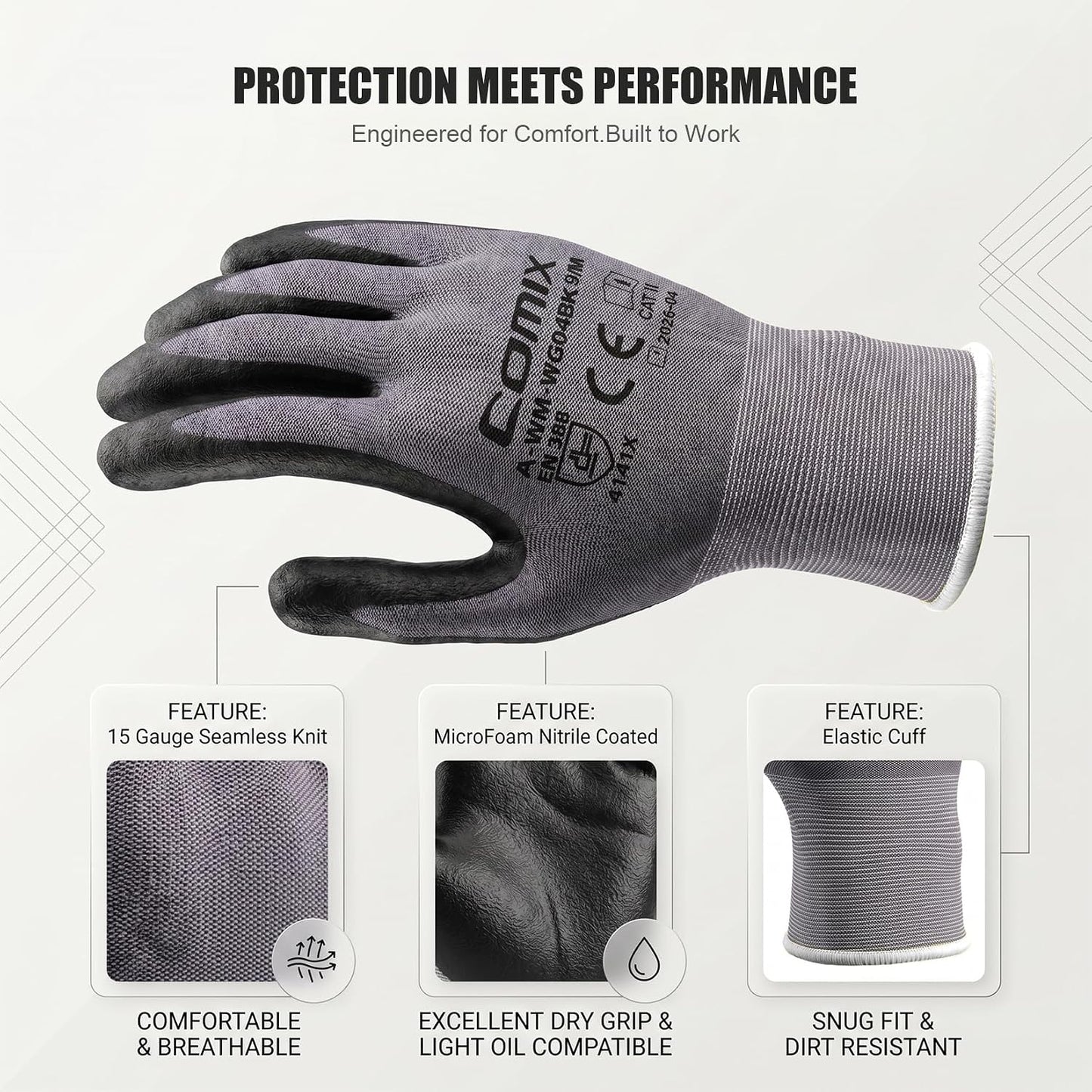 Comix Nitrile Coated Work Gloves, 15G Breathable Micro Foam, 6 Pairs | 15G Microfoam liner for warehouse, assembly, maintenance & automotive. Nitrile coated grip in dry/light-oil conditions